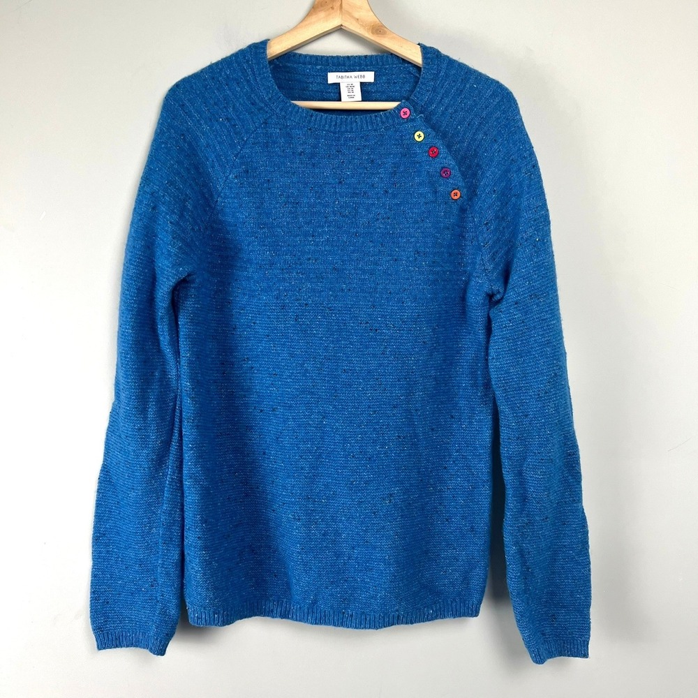 Tabitha Webb Blue Lambswool Blend Rainbow Buttons Sweater M Eclectic Dopamine